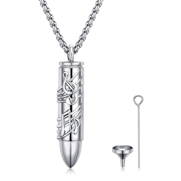 Sterling Silver Bullet & Music Symbol Urn Necklace for Ashes