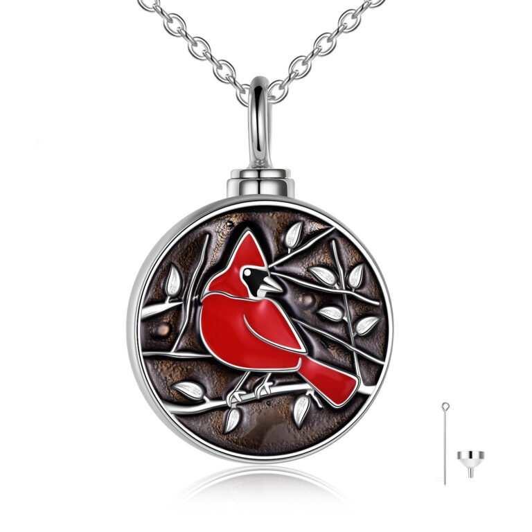 Sterling Silver Cardinal Urn Necklace for Ashes with Engraved Word