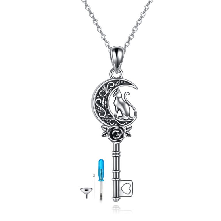 Sterling Silver Cat Rose And Key Urn Necklace For Ashes