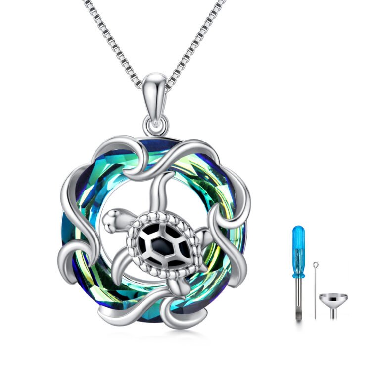 Sterling Silver Circular Shaped Crystal Sea Turtle Urn Necklace for Ashes