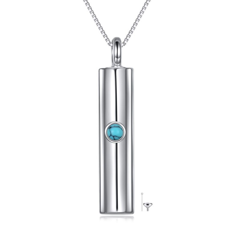 Sterling Silver Circular Shaped Turquoise Gemstone Bar Urn Necklace for Ashes