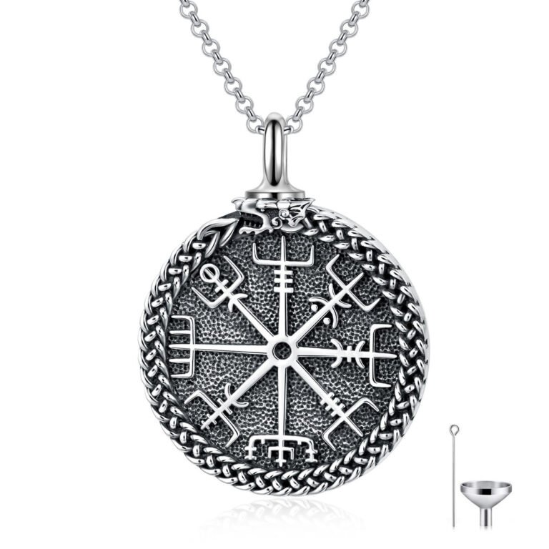 Sterling Silver Compass & Viking Rune Urn Necklace for Ashes for Men