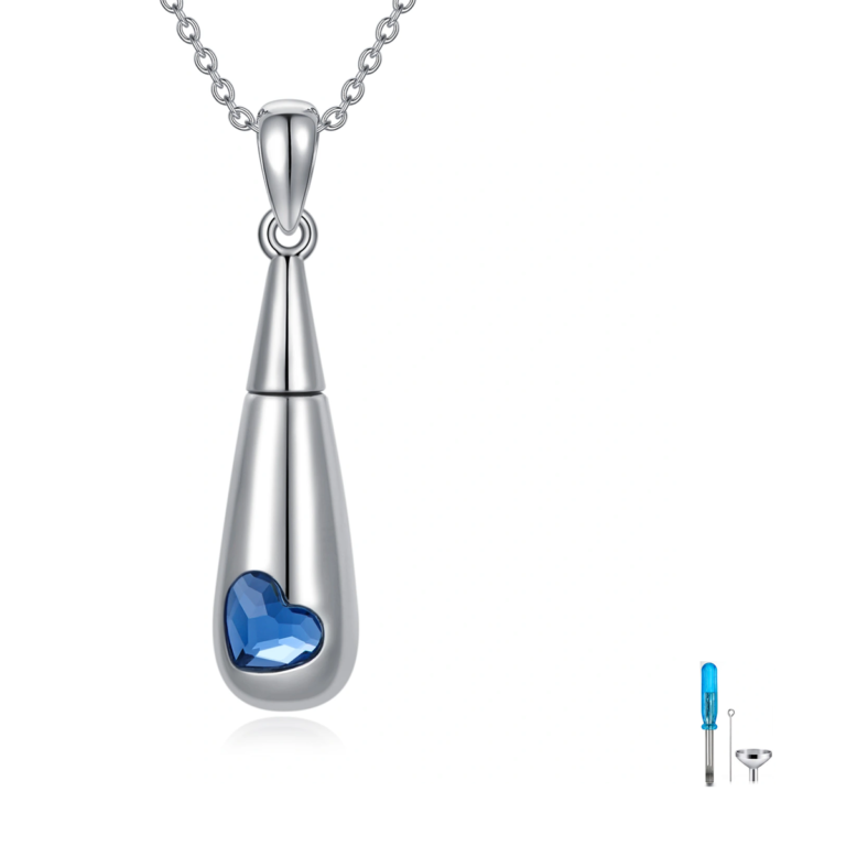 Sterling Silver Crystal Drop Shape & Heart Personalized Birthstone Urn Necklace for Ashes