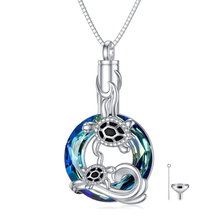 Sterling Silver Crystal Sea Turtle Urn Necklace for Ashes