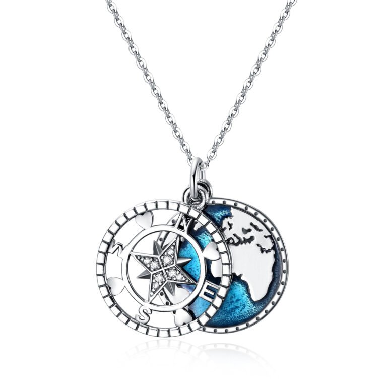 Sterling Silver Cubic Zirconia Compass Pendant Necklace with Engraved Word