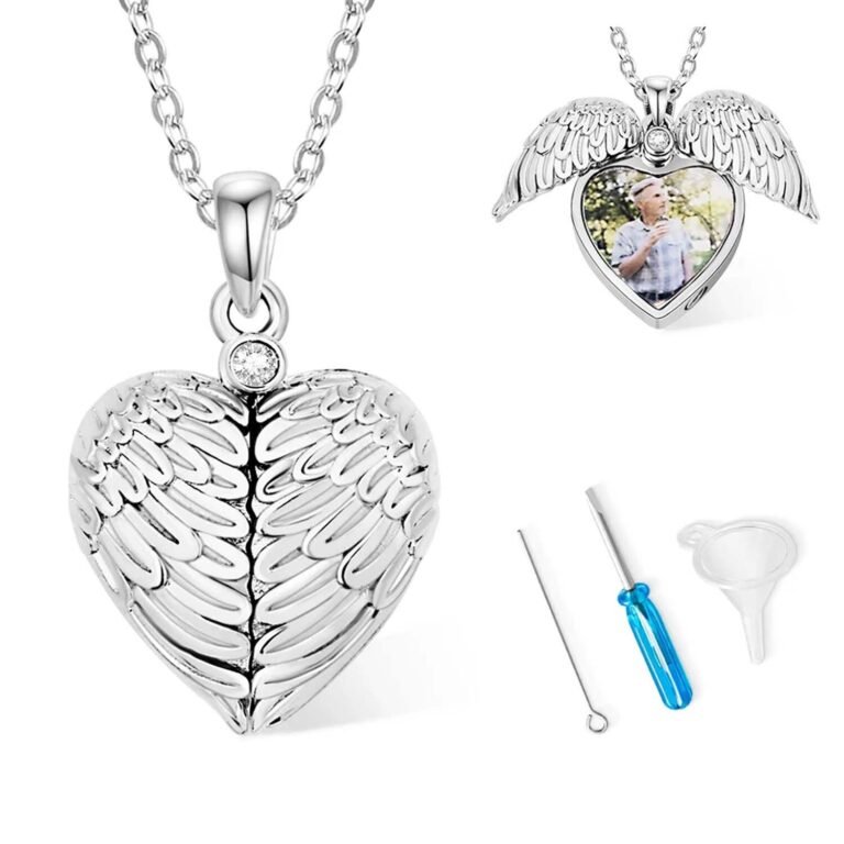 Sterling Silver Cubic Zirconia Personalized Photo Angel Wing Urn Necklace for Ashes