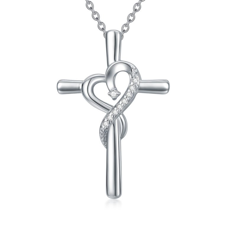 Sterling Silver Diamond Cross & Heart Pendant Necklace