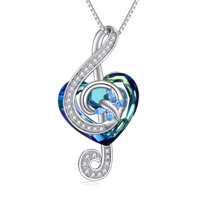 Sterling Silver Heart Crystal Music Symbol Pendant Necklace For Women Best Friends