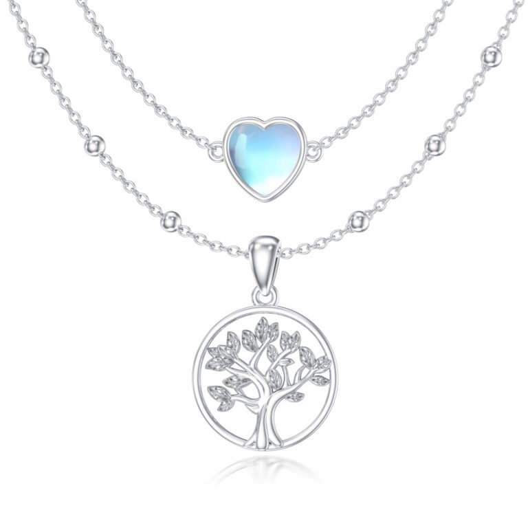 Sterling Silver Moonstone Tree Of Life & Heart Layered Necklace