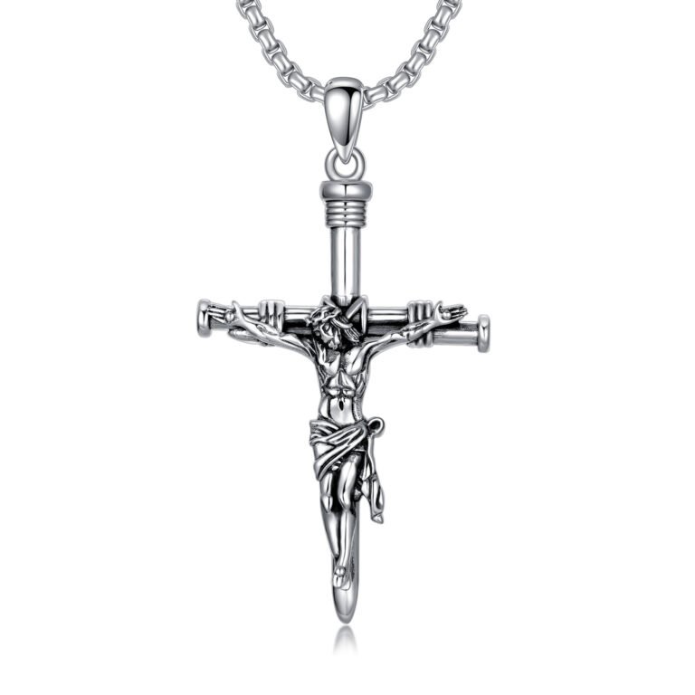Sterling Silver Nail Cross & Jesus Pendant Necklace for Men