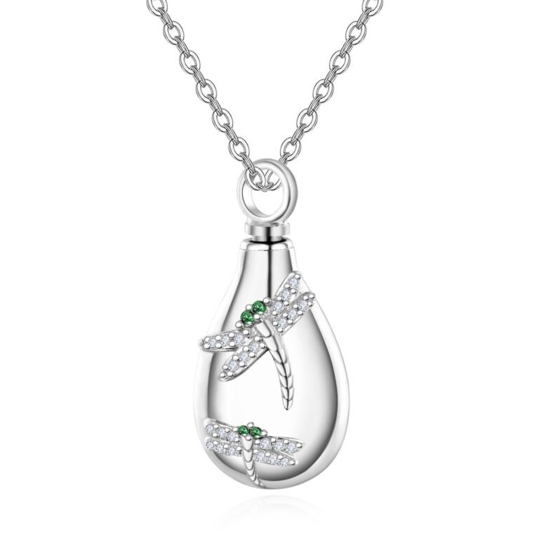Sterling Silver Oval Shaped Cubic Zirconia Dragonfly Urn Necklace for Ashes