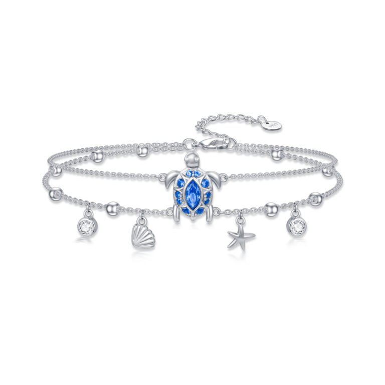 Sterling Silver Oval Shaped Cubic Zirconia Sea Turtle & Starfish Layerered Bracelet