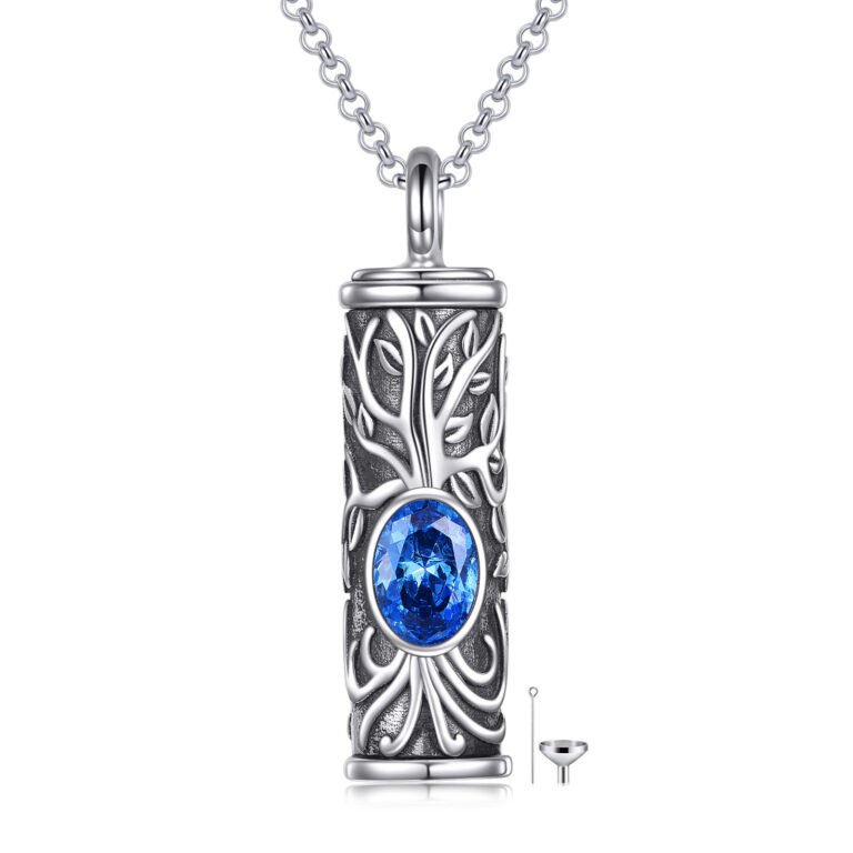 Sterling Silver Personalized Birthstone Tree Of Life Urn Necklace for Ashes
