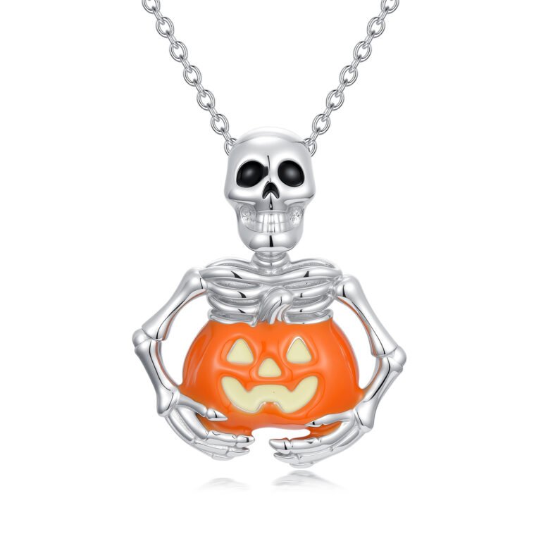 Sterling Silver Pumpkin & Skeleton Pendant Necklace