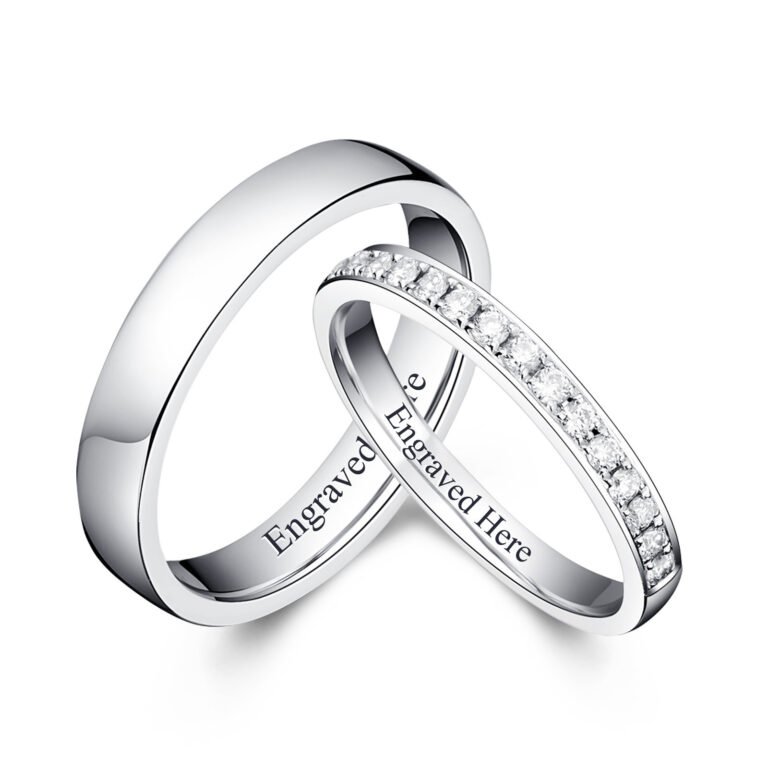 Sterling Silver Round Cut Moissanite Personalized Engraving & Couple Engagement Ring