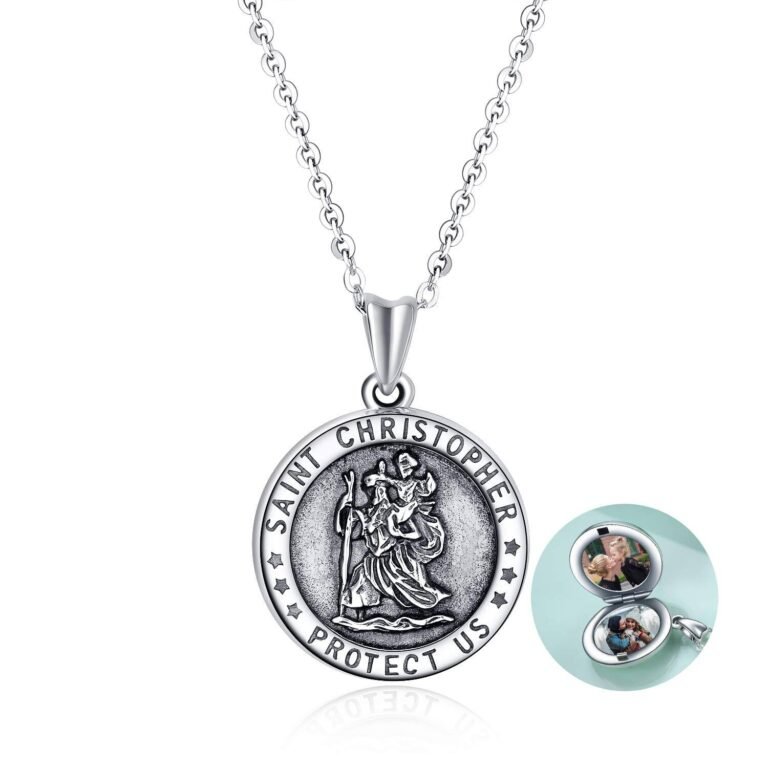 Sterling Silver Saint Christopher Personalized Photo Locket Necklace with Engraved Word