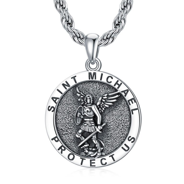 Sterling Silver Saint Michael Pendant Necklace with Rope Chain for Men