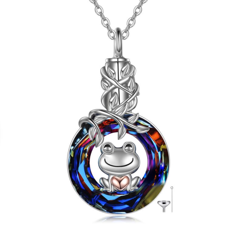 Sterling Silver Two-tone Crystal Frog & Heart Urn Necklace for Ashes