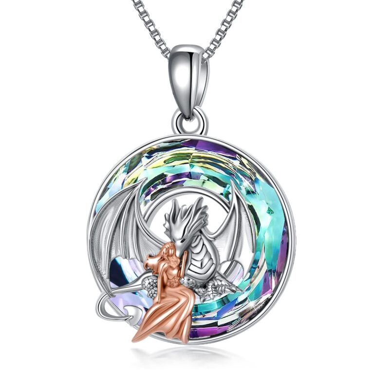 Sterling Silver Two-tone Round Dragon Crystal Pendant Necklace