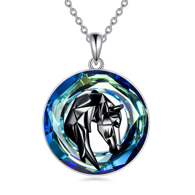 Sterling Silver Two-tone Round Horse Crystal Pendant Necklace