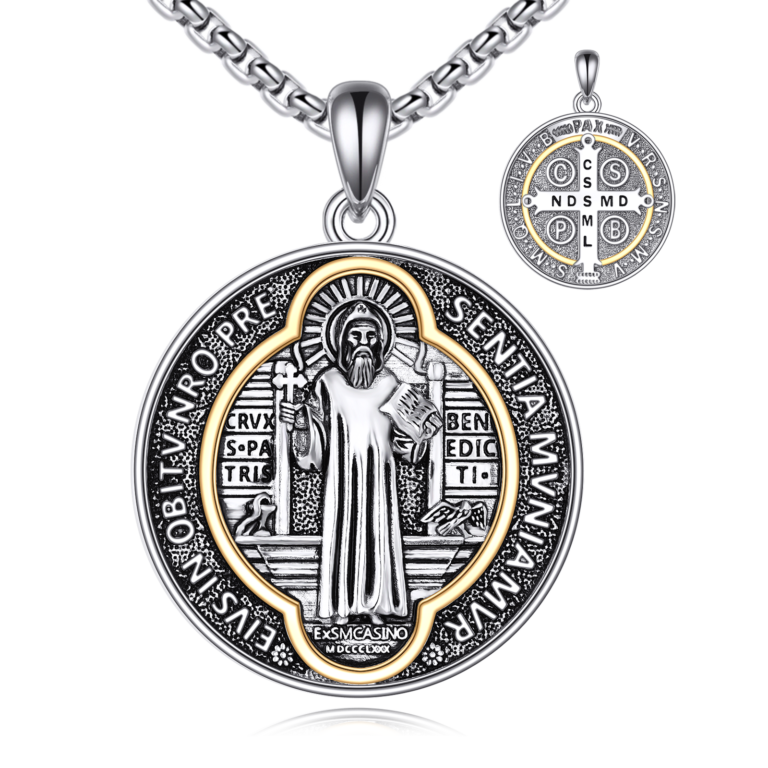 Sterling Silver Two-tone Saint Benedict Pendant Necklace for Men