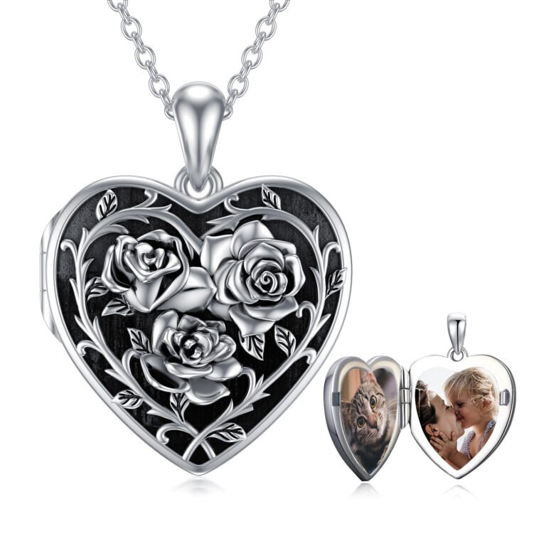 Sterling Silver with Black Rhodium Rose Personalized Photo Locket Necklace