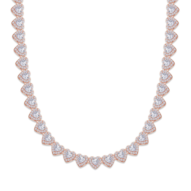 Sterling Silver with Rose Gold Plated 20.60 CT Moissanite Heart Tennis Chain Necklace