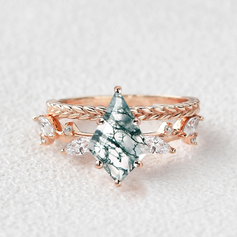 Sterling Silver with Rose Gold Plated Kite Cut Leaves Moss Agate Engagement Ring