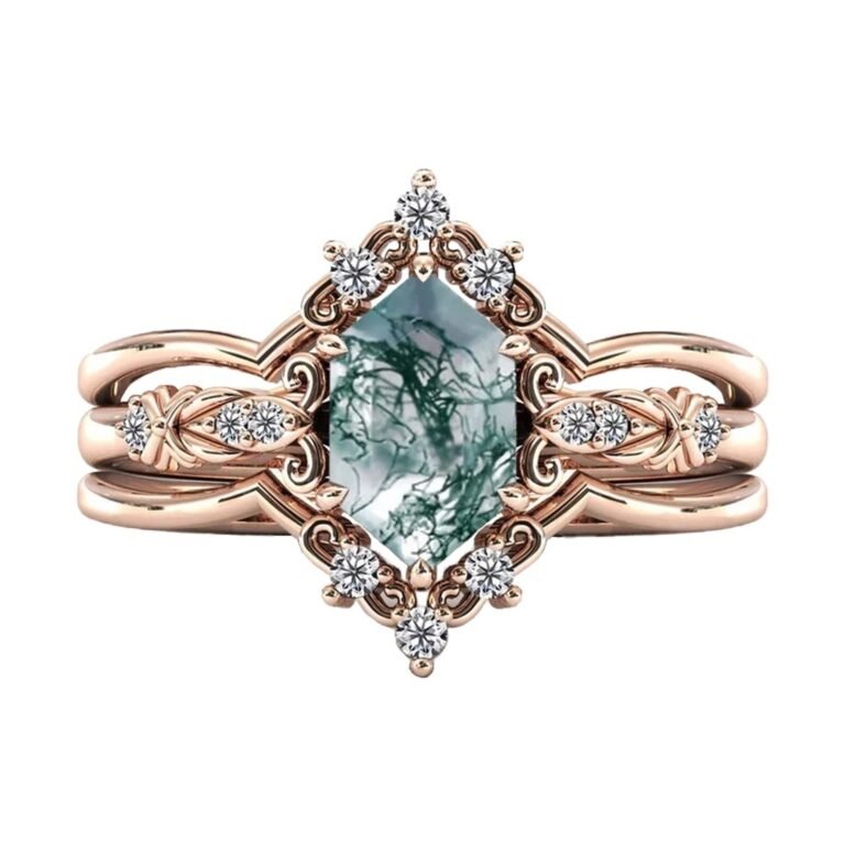 Sterling Silver with Rose Gold Plated Moss Agate Airplane & Oval Shaped Engagement Ring