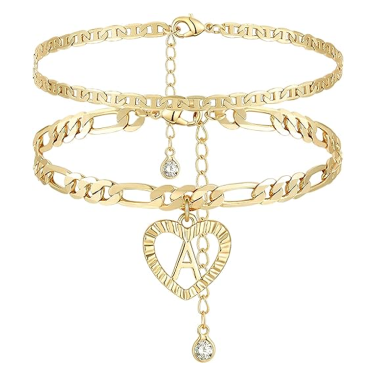 Sterling Silver with Yellow Gold Plated Heart Multi-layered Chain Anklet