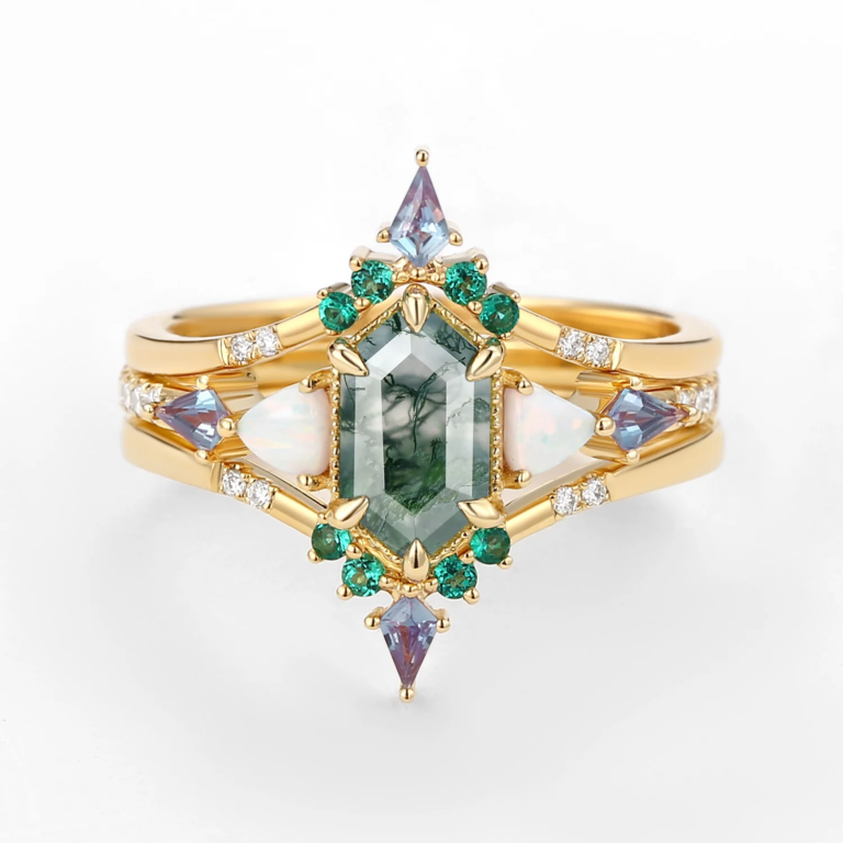 Sterling Silver with Yellow Gold Plated Hexagon Cut Moss Agate Engagement Ring