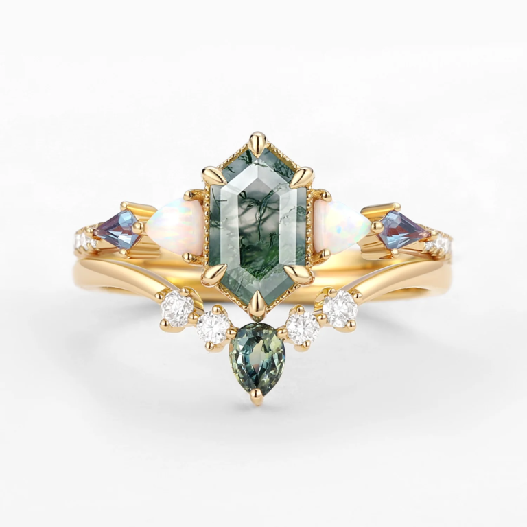 Sterling Silver with Yellow Gold Plated Hexagon Cut Moss Agate Ring