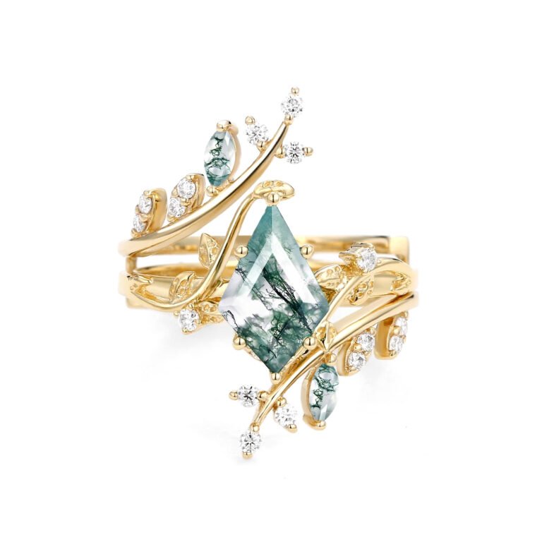 Sterling Silver with Yellow Gold Plated Kite Cut Moss Agate Engagement Ring