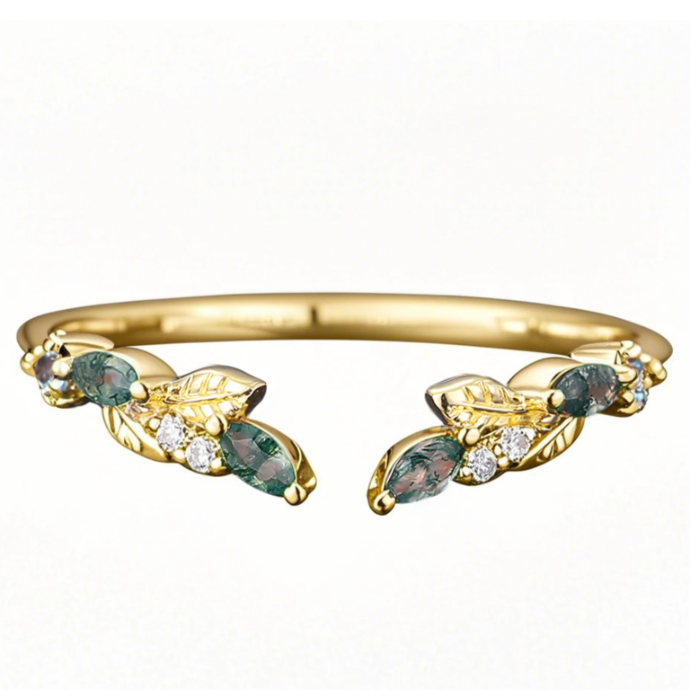 Sterling Silver with Yellow Gold Plated Marquise Cut Moss Agate Wedding Ring