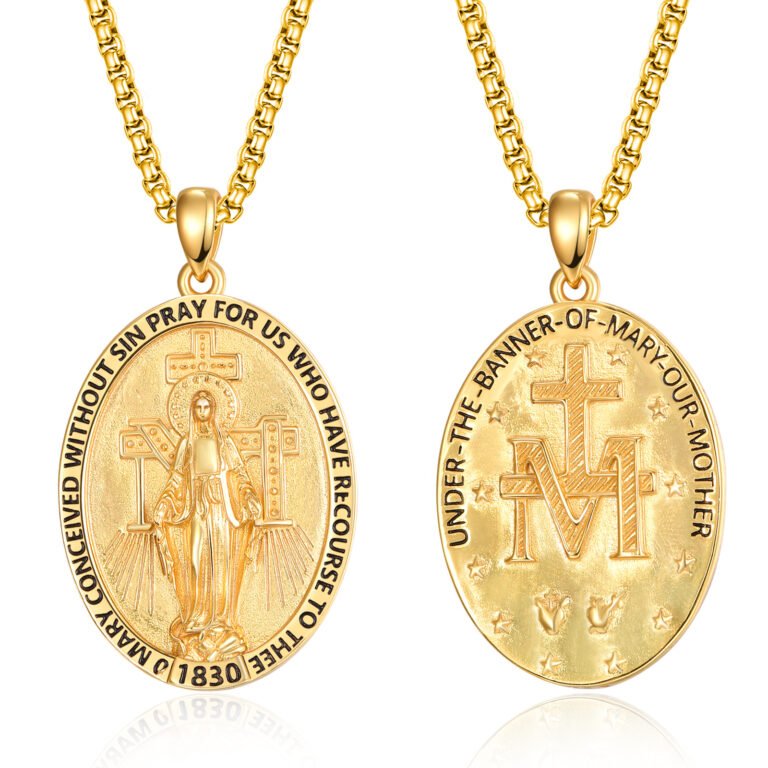 Sterling Silver with Yellow Gold Plated Miraculous Medal Pendant Necklace for Men