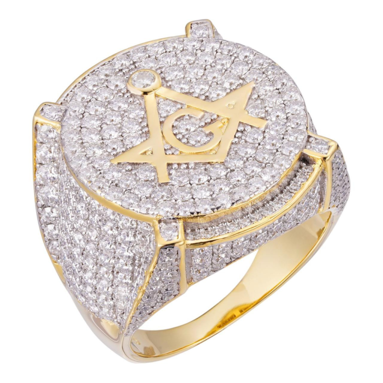 Sterling Silver with Yellow Gold Plated Moissanite Freemason Signet Ring for Men