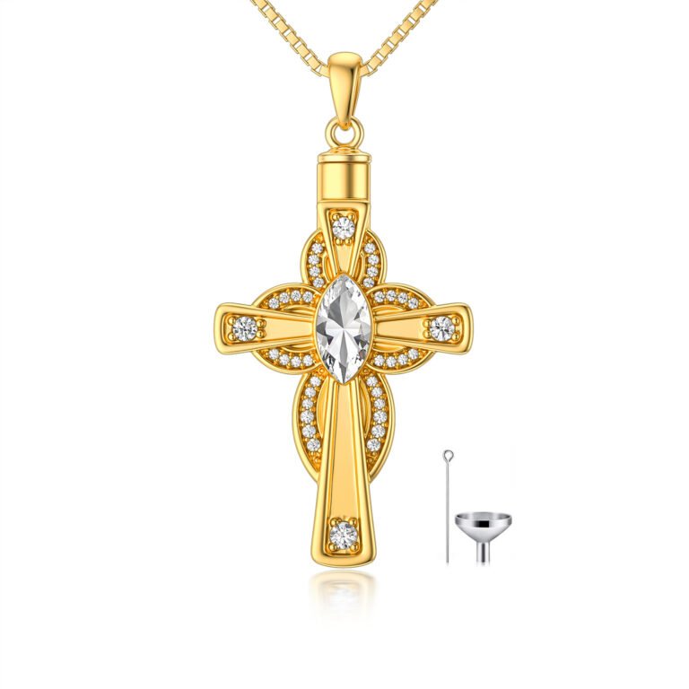 Sterling Silver with Yellow Gold Plated Oval Crystal Cross Urn Necklace for Ashes