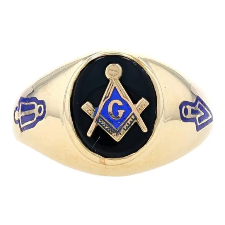 Sterling Silver with Yellow Gold Plated Oval Cut Agate Freemason Signet Ring for Men