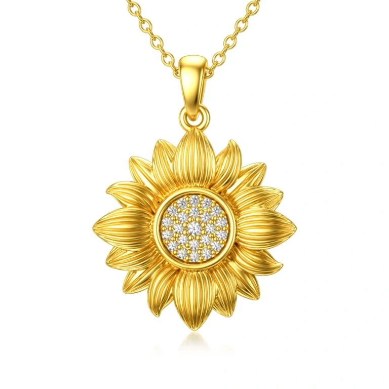 Sterling Silver with Yellow Gold Plated Round Cut Diamond Sunflower Pendant Necklace