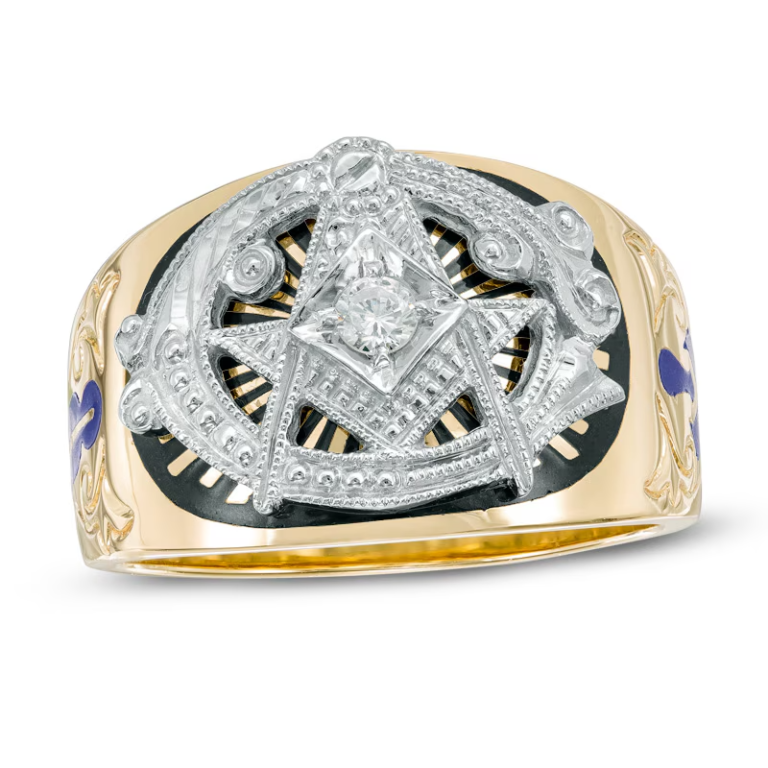 Sterling Silver with Yellow Gold Plated Round Cut Moissanite Freemason Signet Ring for Men