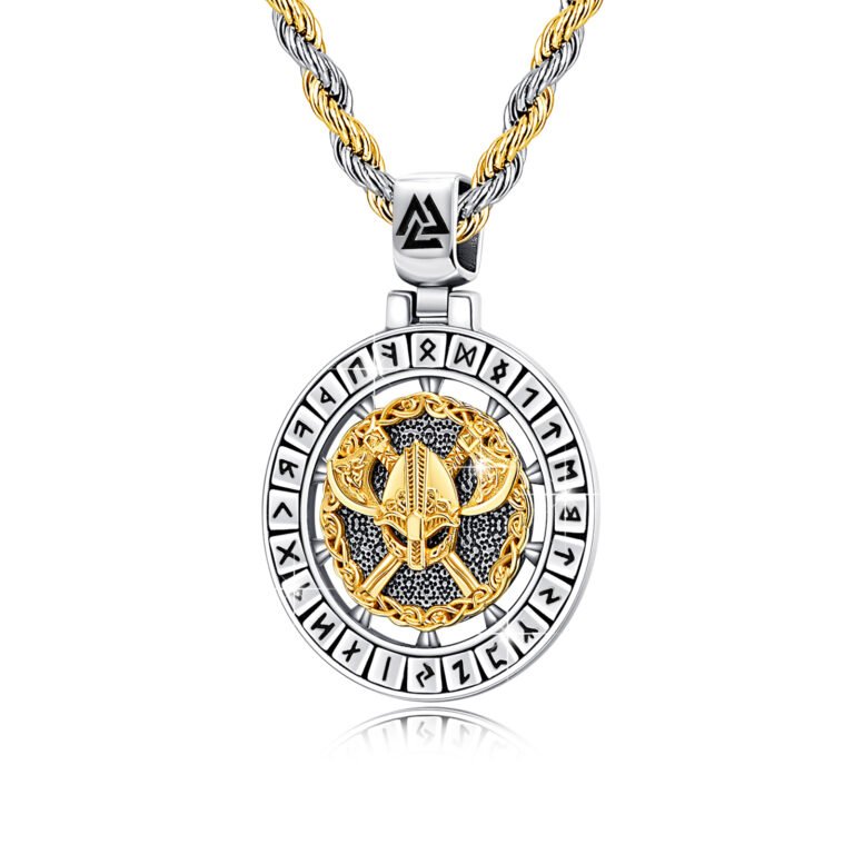 Sterling Silver with Yellow Gold Plated Viking Rune Pendant Necklace for Men