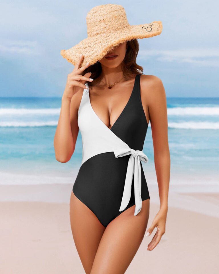 Zeagoo Women’s Color Block Wrap One Piece Swimsuits Bowknot Tie Side Bathing Suit