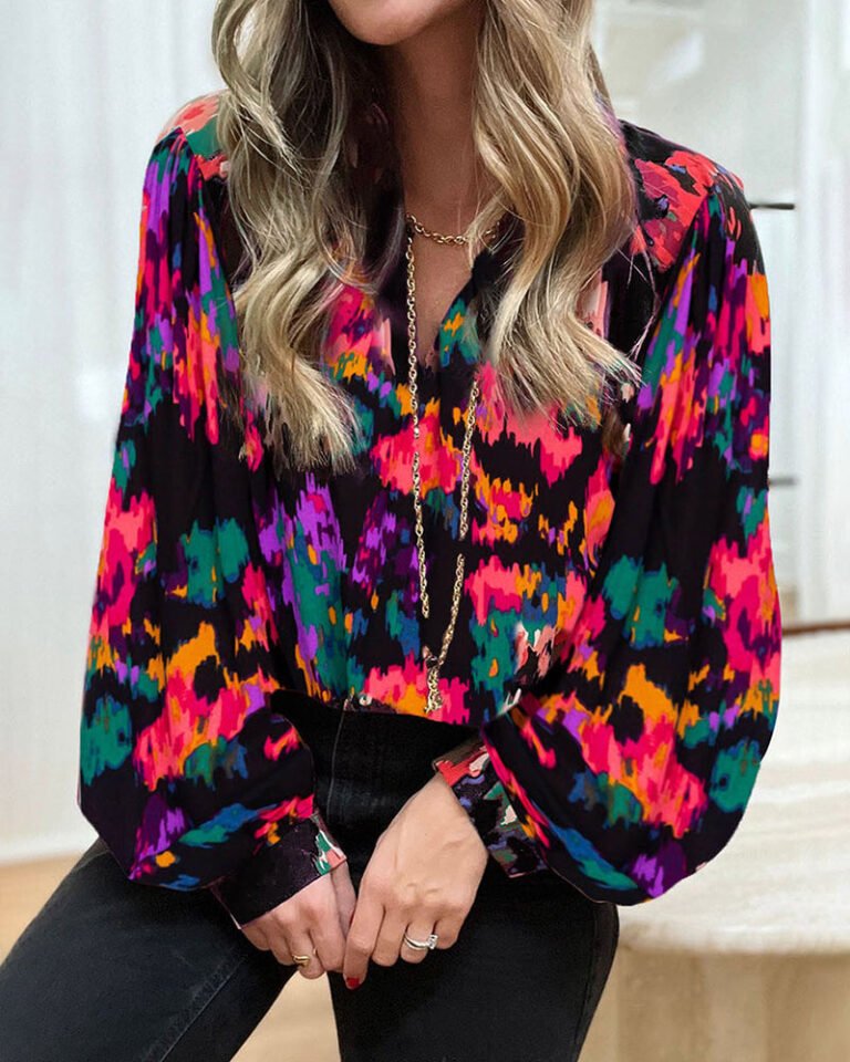 Zeagoo Zeagoo Bubble Sleeve Lapel V Neck Print Chiffon Shirt for Women Casual Business